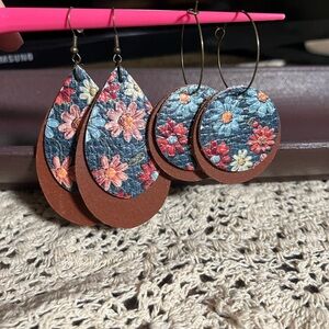Floral Patterned Handmade Leather Earring Set